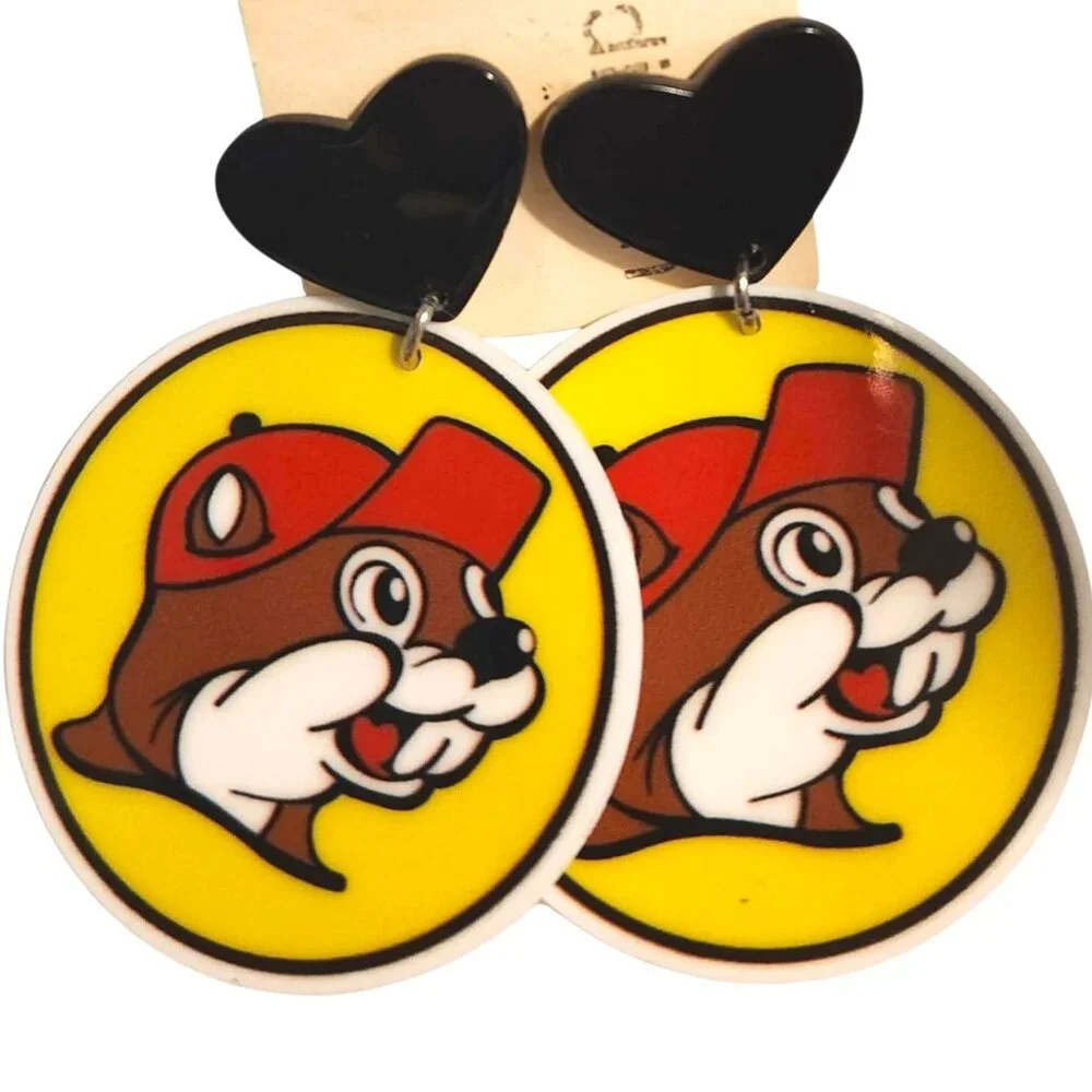 Buc-ee's Round Earrings Buc-ee's Beaver Yellow Red Black White NEW